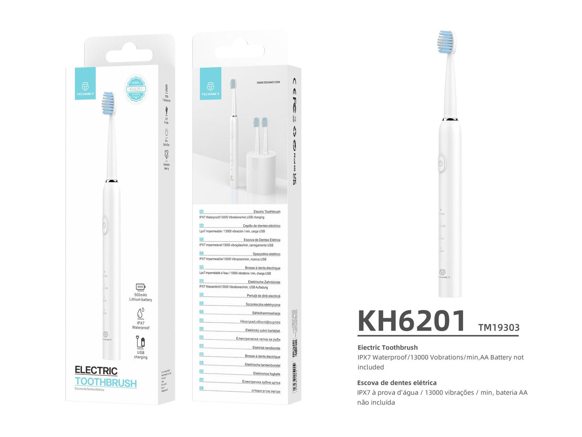 Techancy Escova De Dentes Eléctrica Branca KH6201, À Prova De Água IPX7, Cabeça De Escova Substituível, Bateria Recarregável